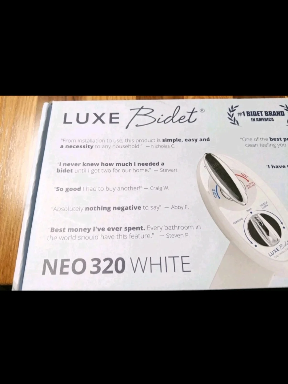 Bidet Attachment Box Panel — White Packaging with Black Text